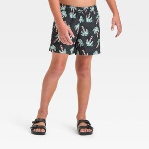 art class Black Swim Trunks with Green Tropical Print